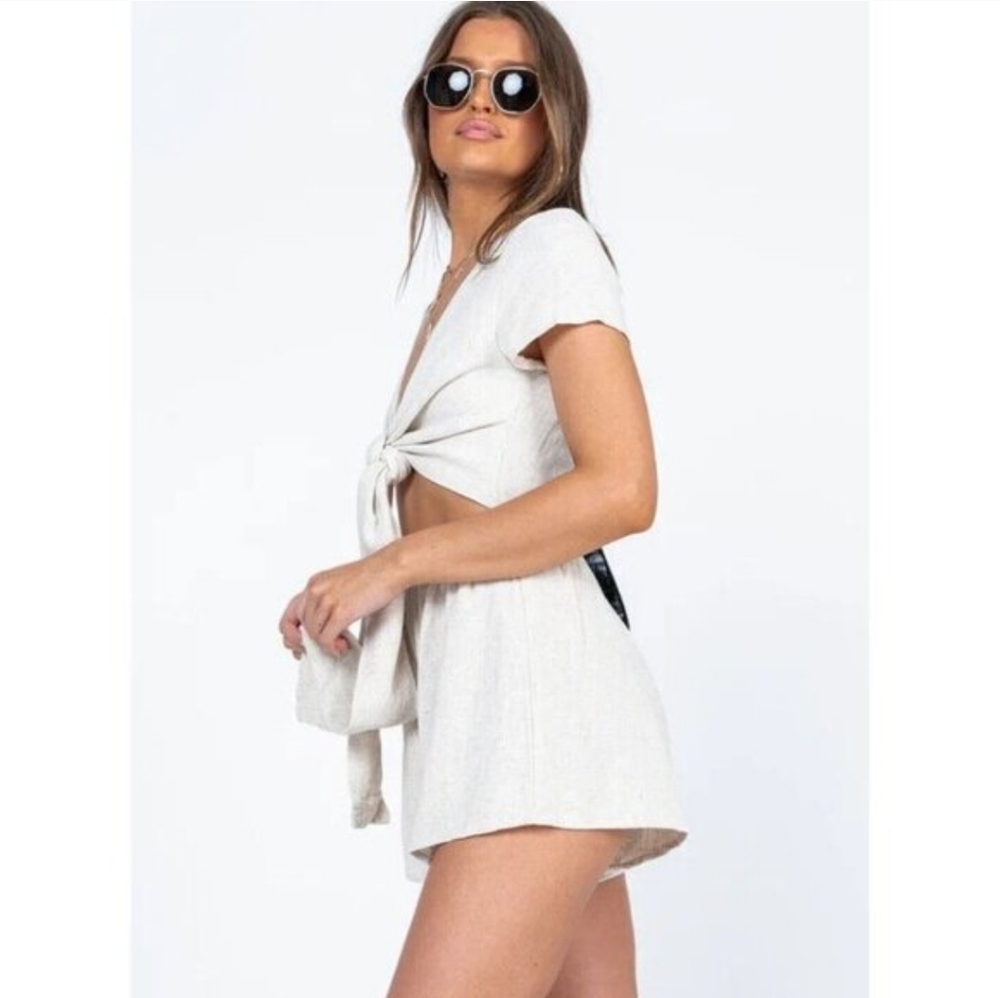 Princess Polly Ragnar Tie-Front Romper 10 Beige Linen Blend Short Sleeve Women's - Picture 3 of 15
